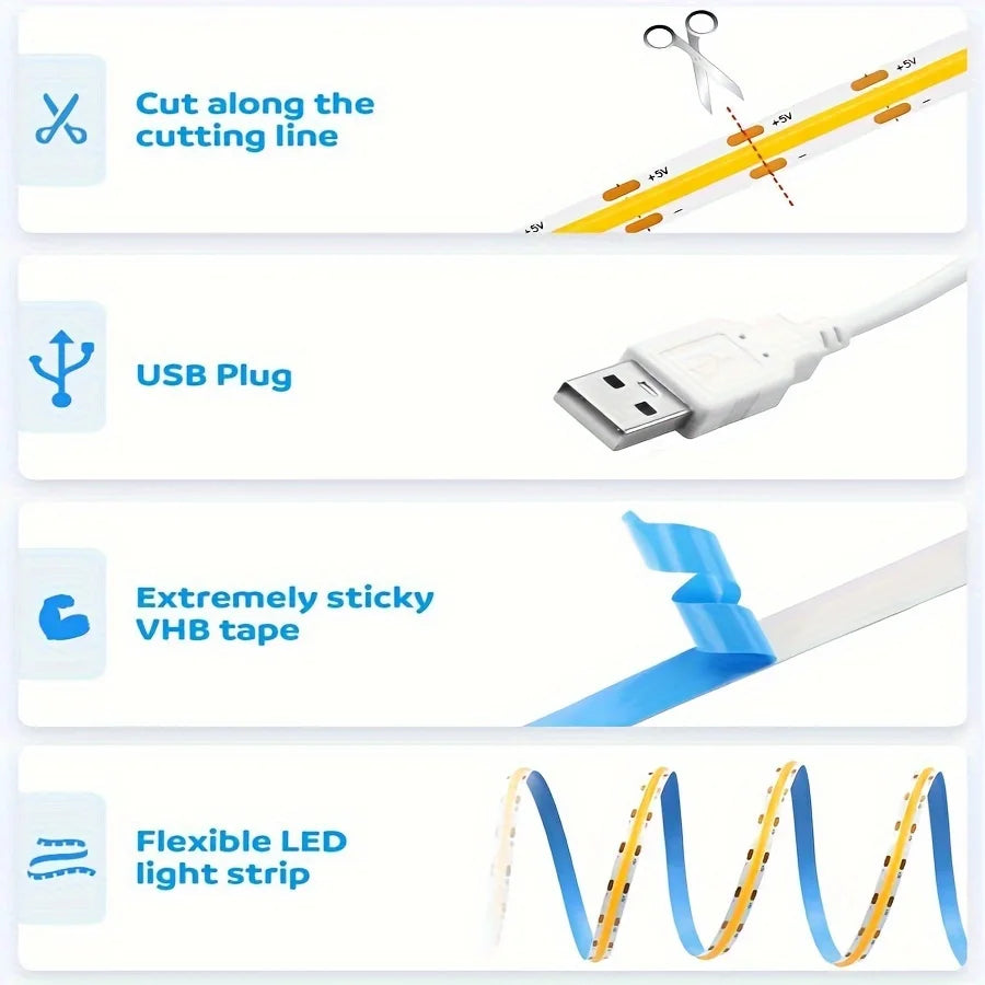USB COB LED Light Strip with Touch Dimmer