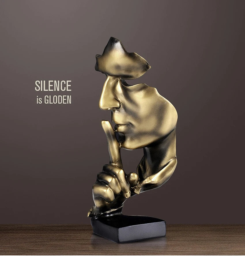 Silence Is Gold Thinker Statue, Abstract Resin Face Sculpture