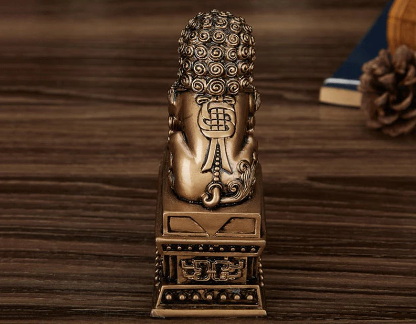 Chinese Lucky Lion Statue Pair, Copper Gold Resin Guardian Lions