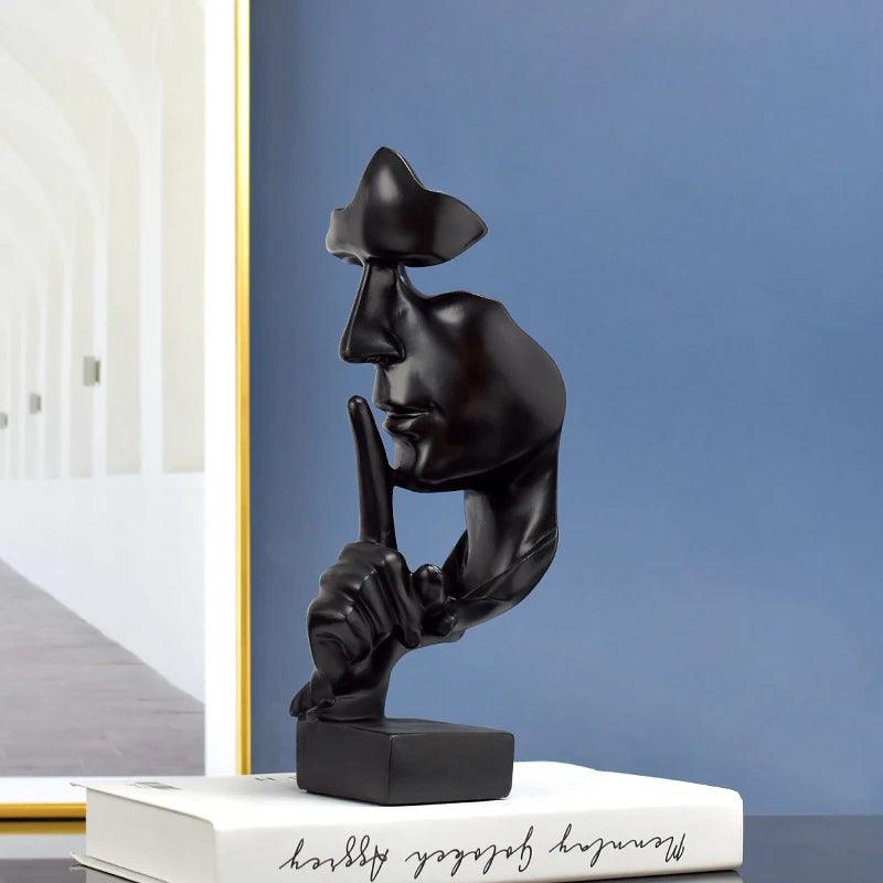 Silence Is Gold Thinker Statue, Abstract Resin Face Sculpture