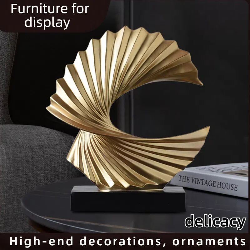 Gold Ocean Wave Sculpture, Art Deco Abstract Resin Tabletop Statue