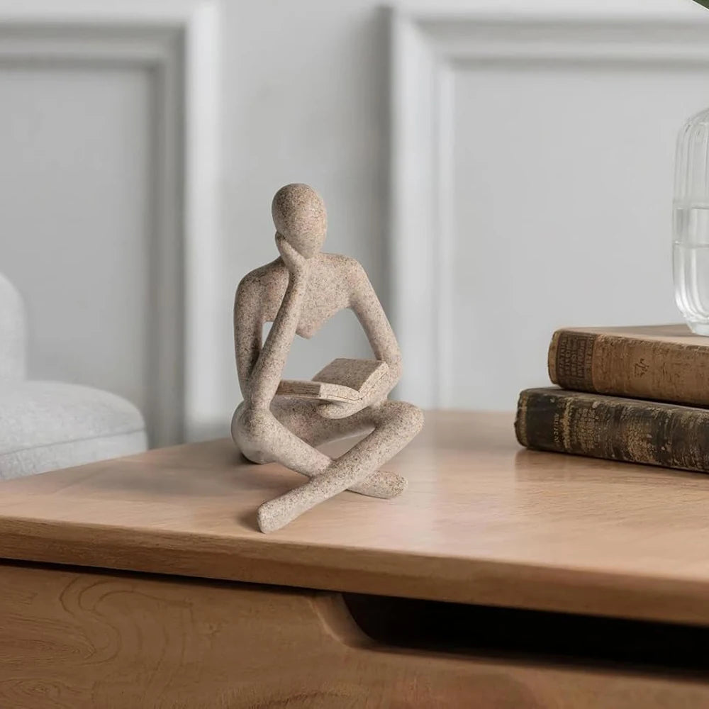 Abstract Thinker Bookshelf Sculpture, Modern Resin Reading Figure