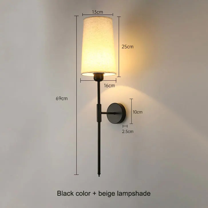 Retro Cloth Shade Wall Lamp, Black Iron Bedside Wall Sconce