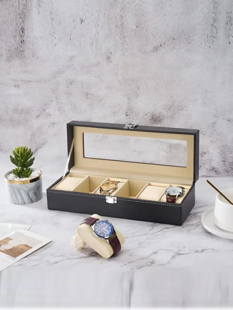 PU Leather Watch Box with Glass Lid, 6 Slots