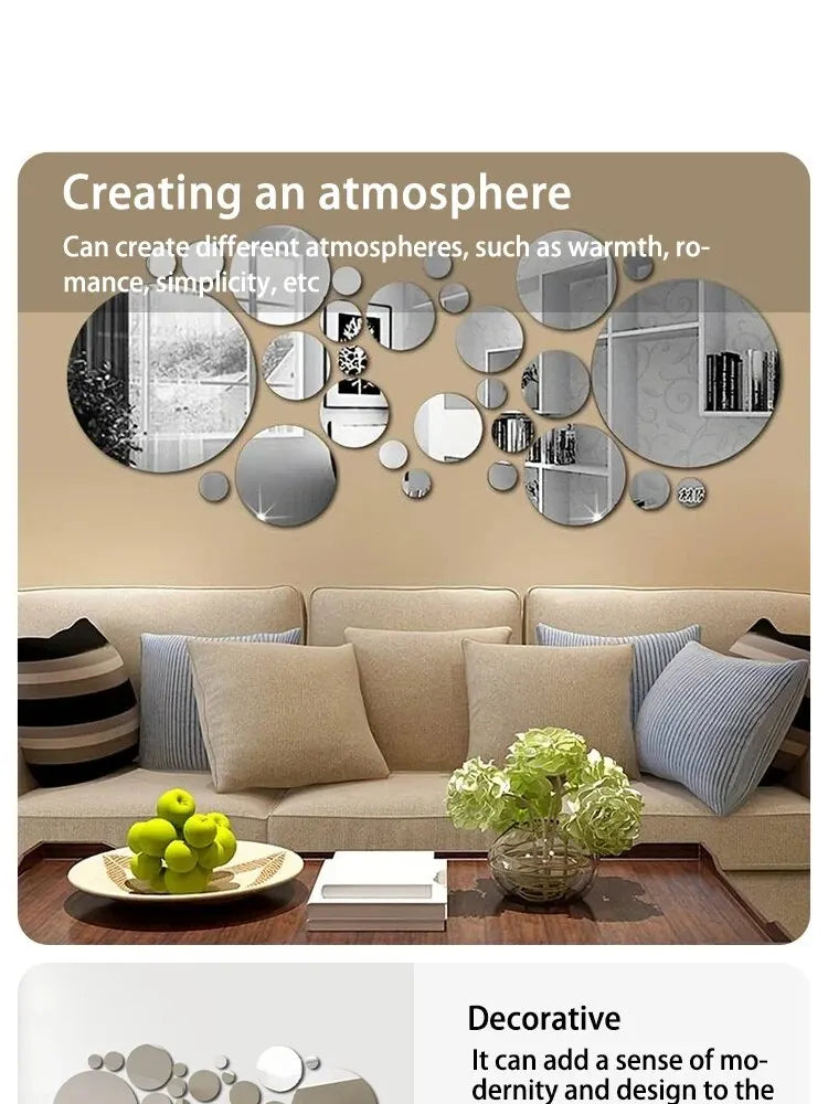 3D Acrylic Round Mirror Wall Stickers, 26 Pieces