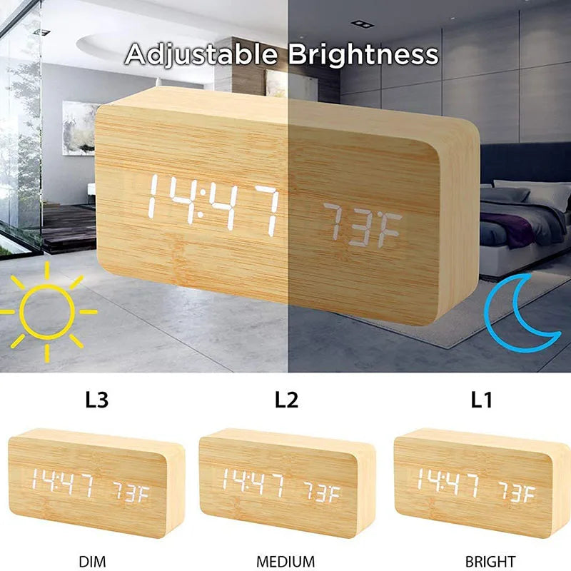 Wooden Digital Alarm Clock with Temperature