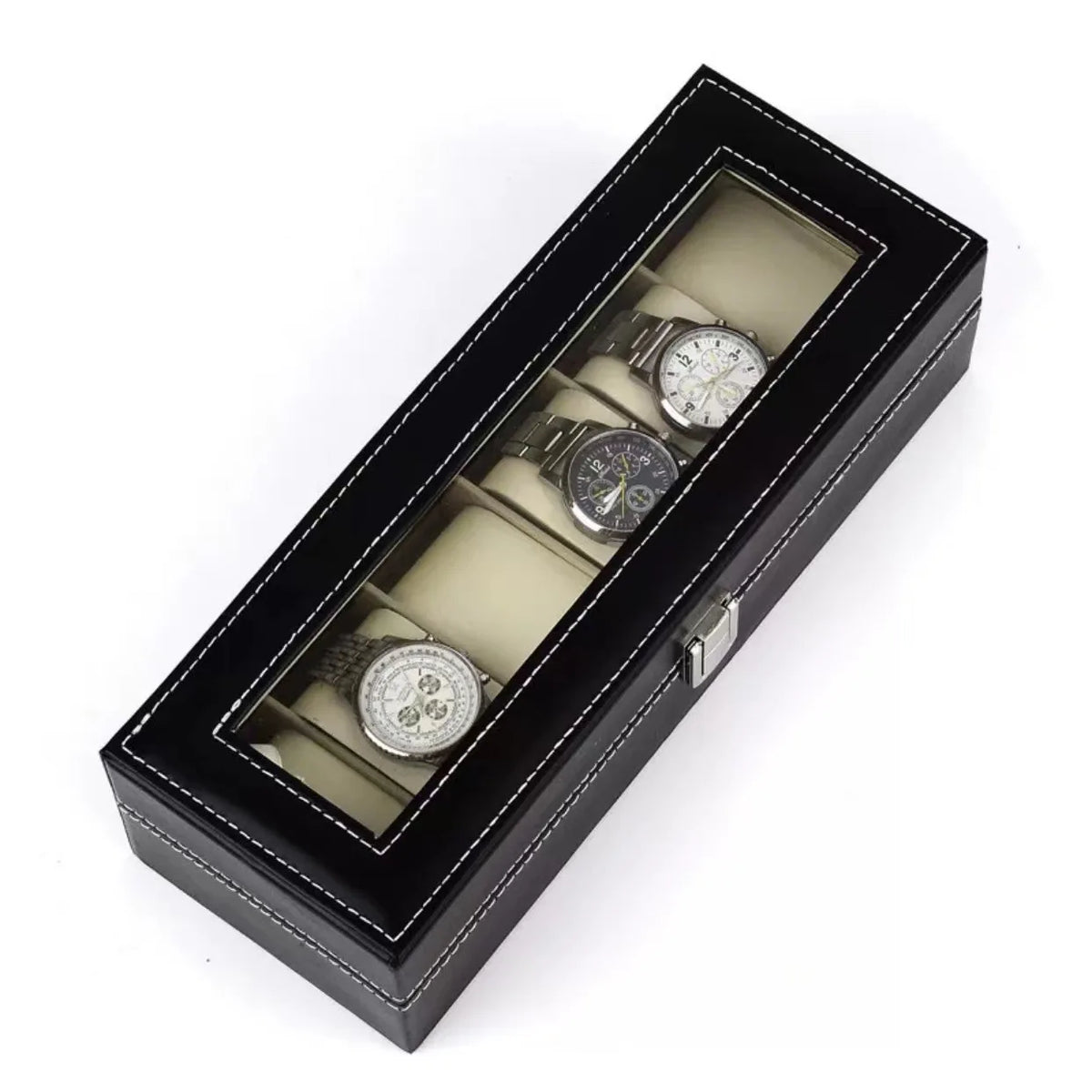PU Leather Watch Box with Glass Lid, 6 Slots