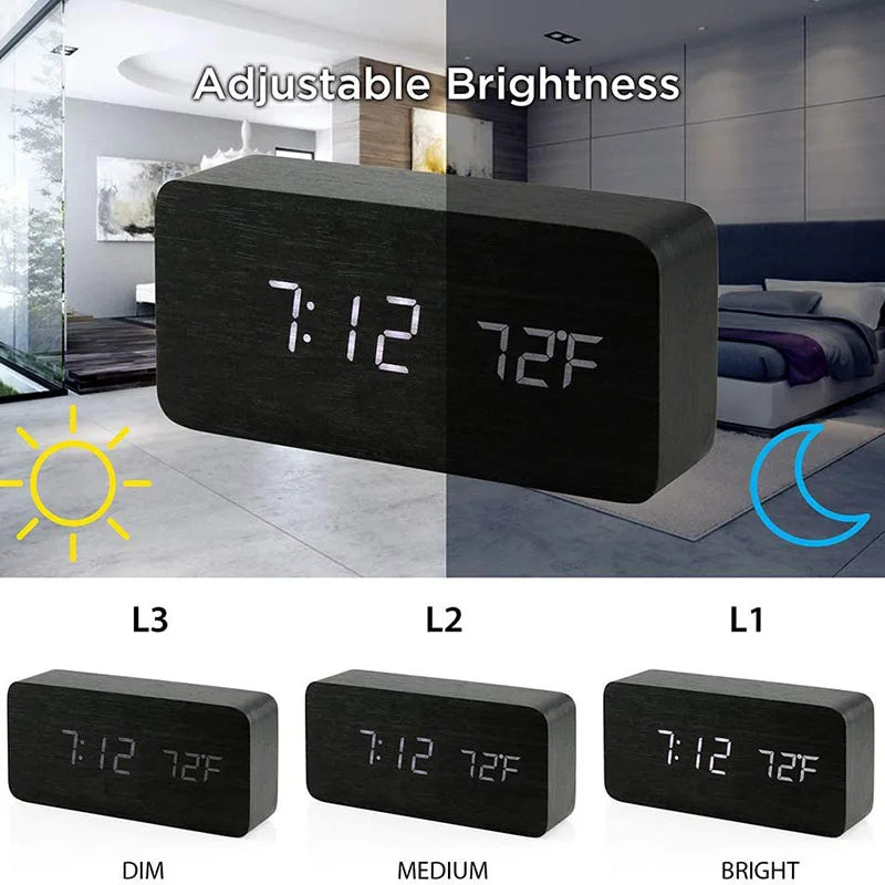 Wooden Digital Alarm Clock with Temperature