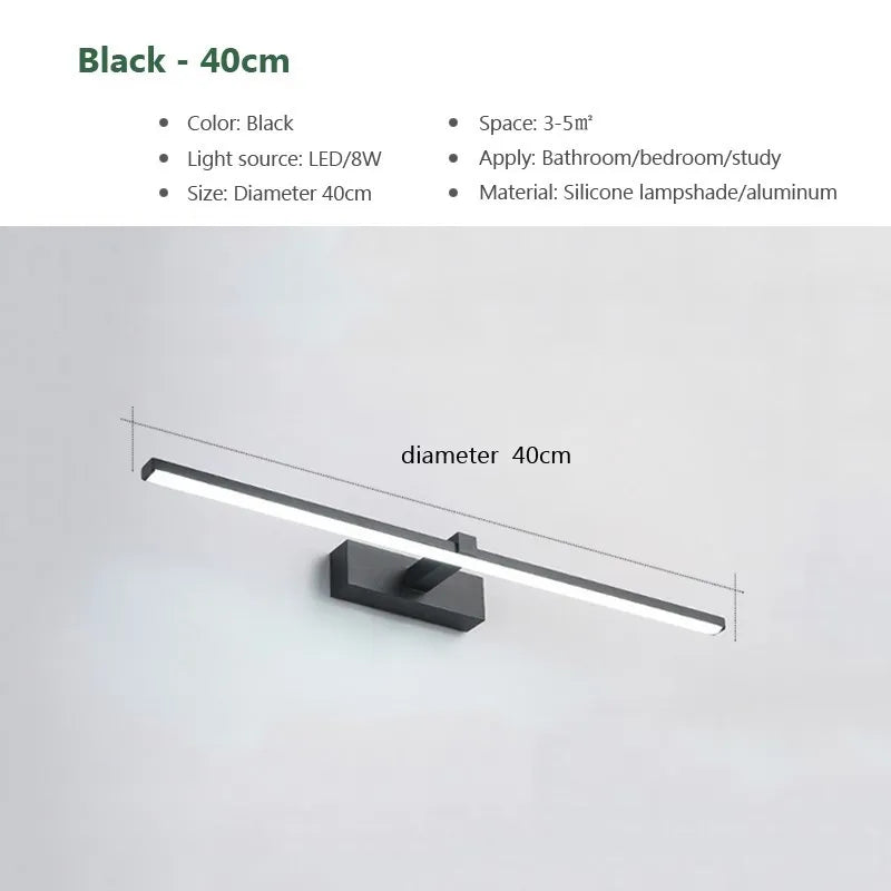 LED Mirror Wall Light, Modern Bathroom Vanity Lamp, 40 or 60 cm