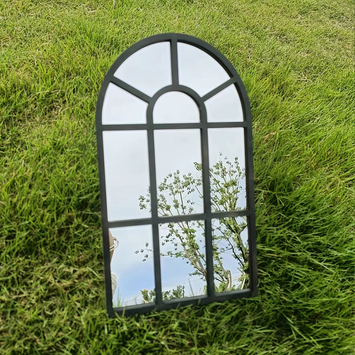 Arched Windowpane Wall Mirror, Wood Frame Minimalist Arch Mirror