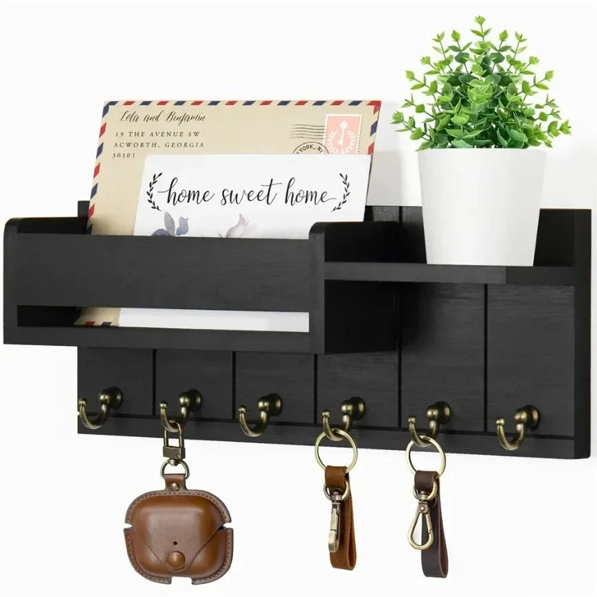 Rustic Wood Key Holder with Shelf and 6 Hooks