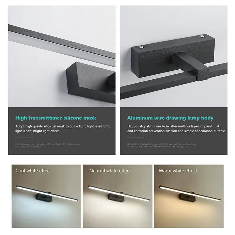 LED Mirror Wall Light, Modern Bathroom Vanity Lamp, 40 or 60 cm