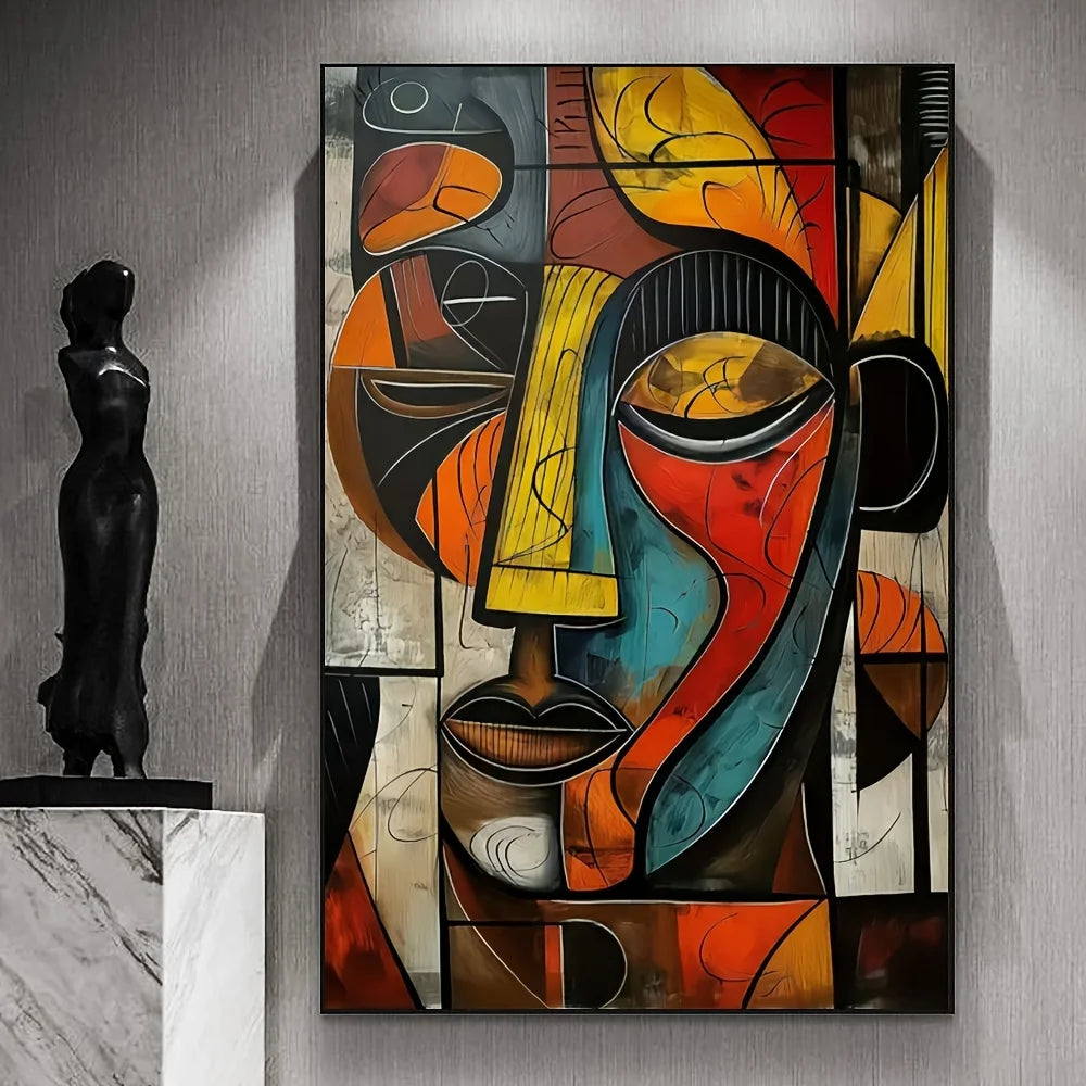 Abstract African Face Canvas Print, Colorful Cubism Wall Art