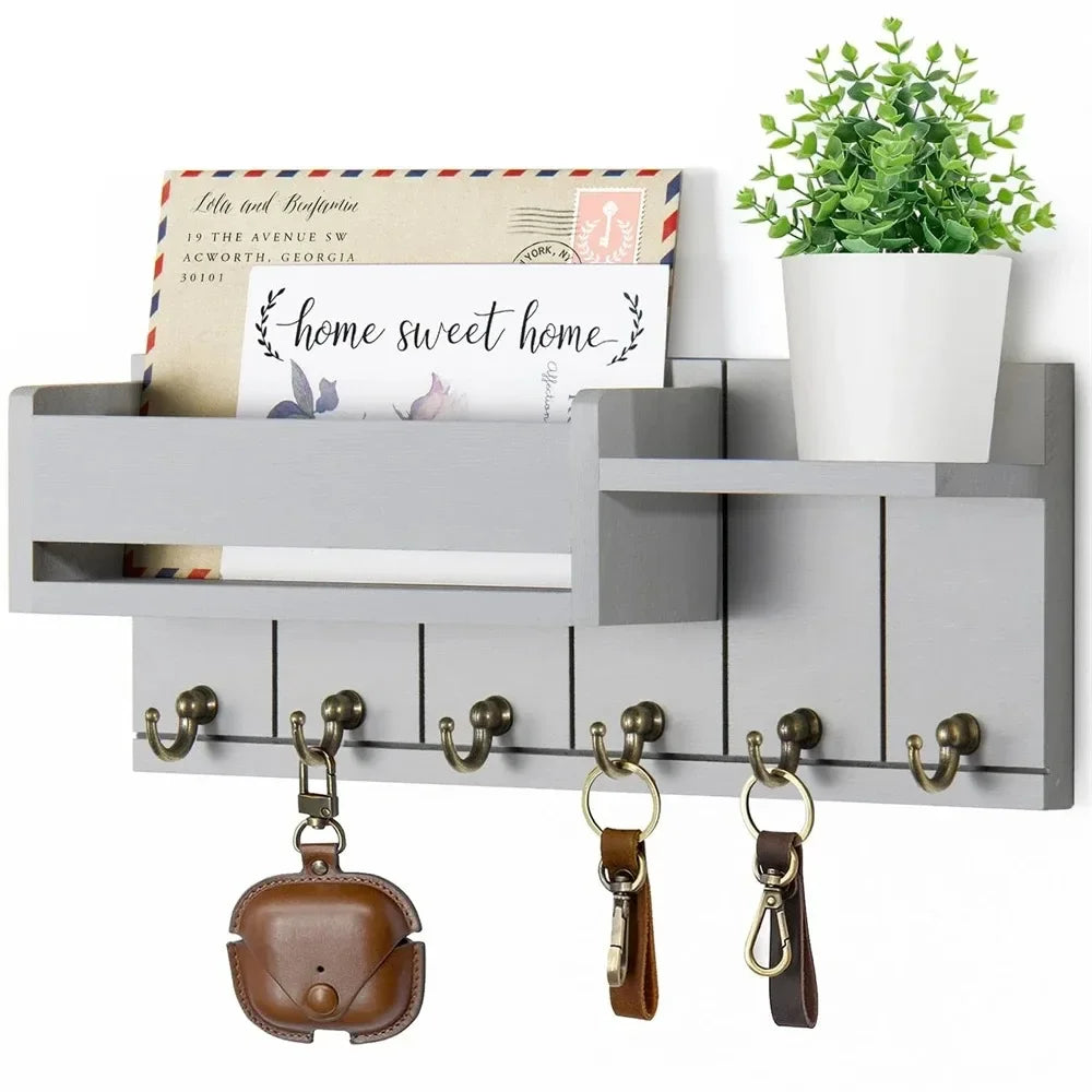Rustic Wood Key Holder with Shelf and 6 Hooks