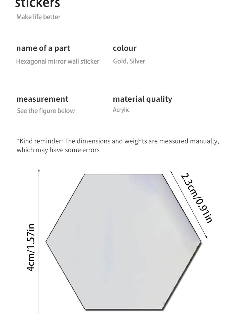 Hexagon Acrylic Mirror Wall Decals, 12 Pieces