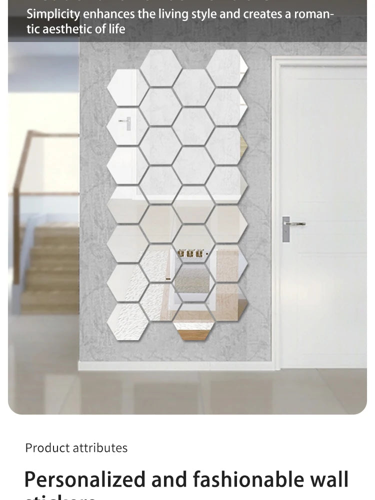 Hexagon Acrylic Mirror Wall Decals, 12 Pieces