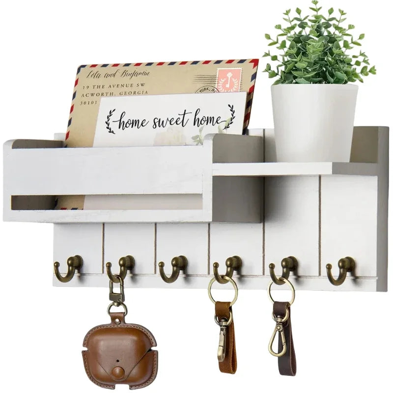Rustic Wood Key Holder with Shelf and 6 Hooks