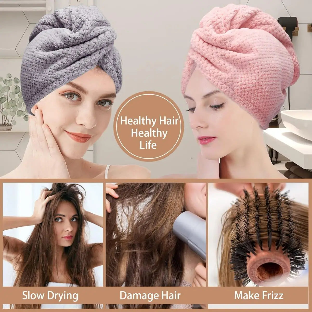 Hair Towel Wrap, Textured Quick Dry Button Hair Turban