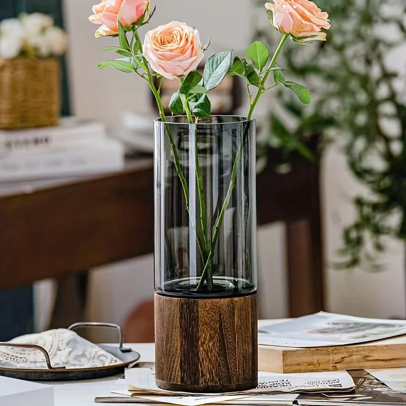 Hydroponic Glass Vase with Wooden Base, Plant Propagation Station