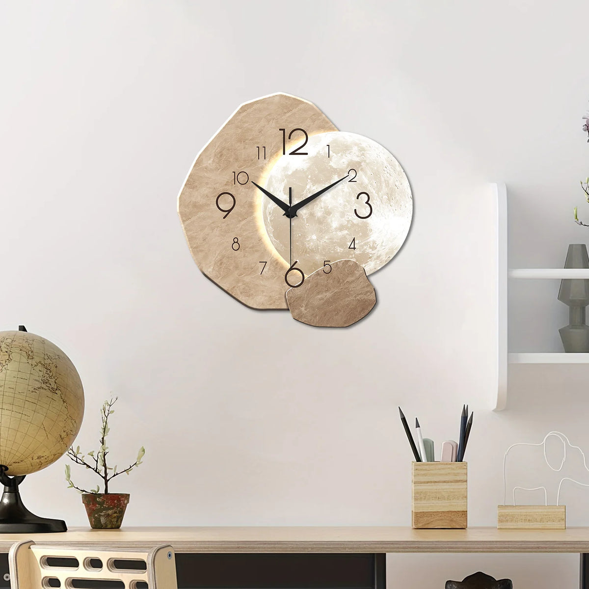 Moon Wall Clock, Silent Wooden Minimalist Clock, 12 to 16 Inch