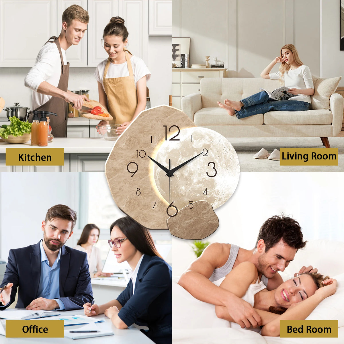 Moon Wall Clock, Silent Wooden Minimalist Clock, 12 to 16 Inch