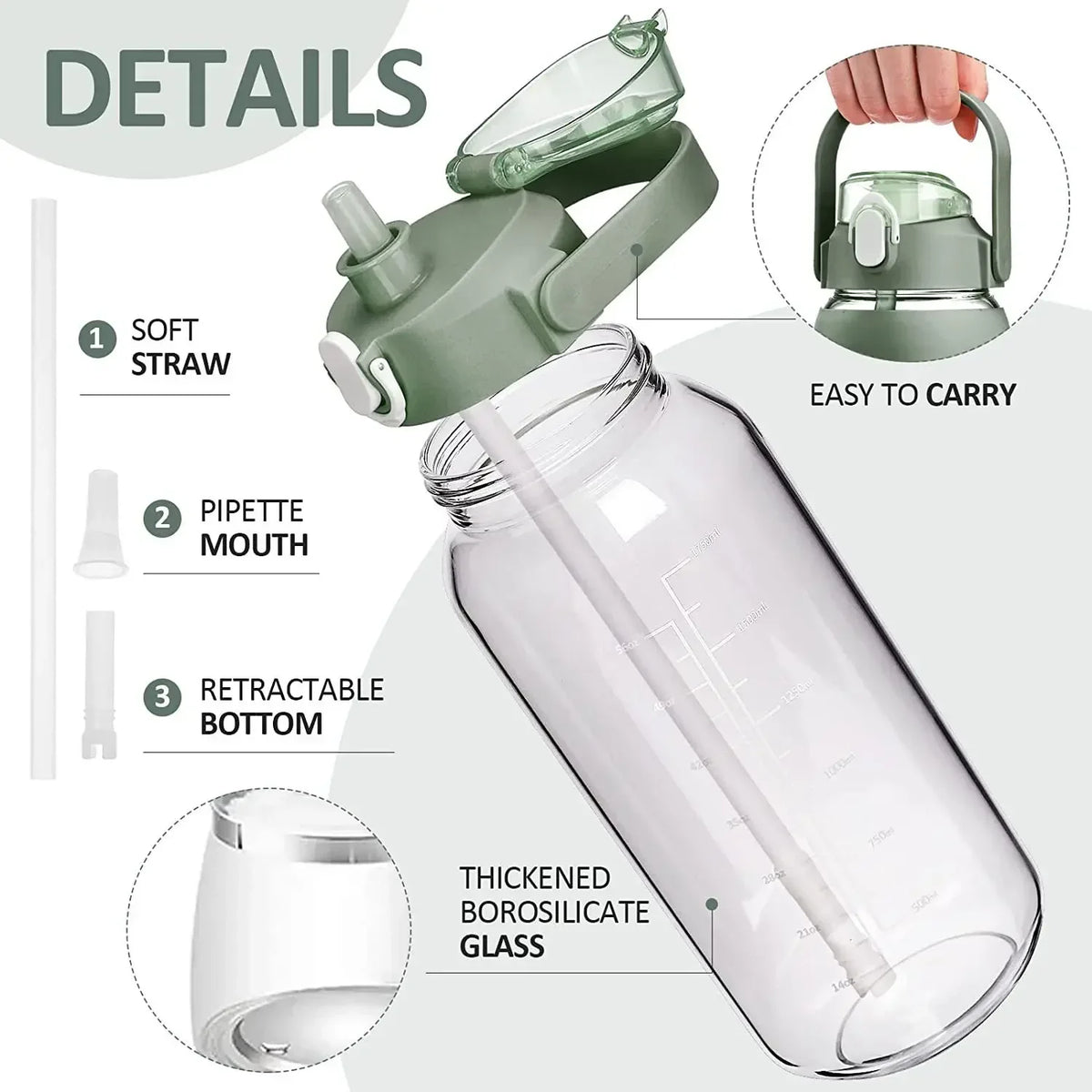 1L Glass Water Bottle with Straw and Sleeve