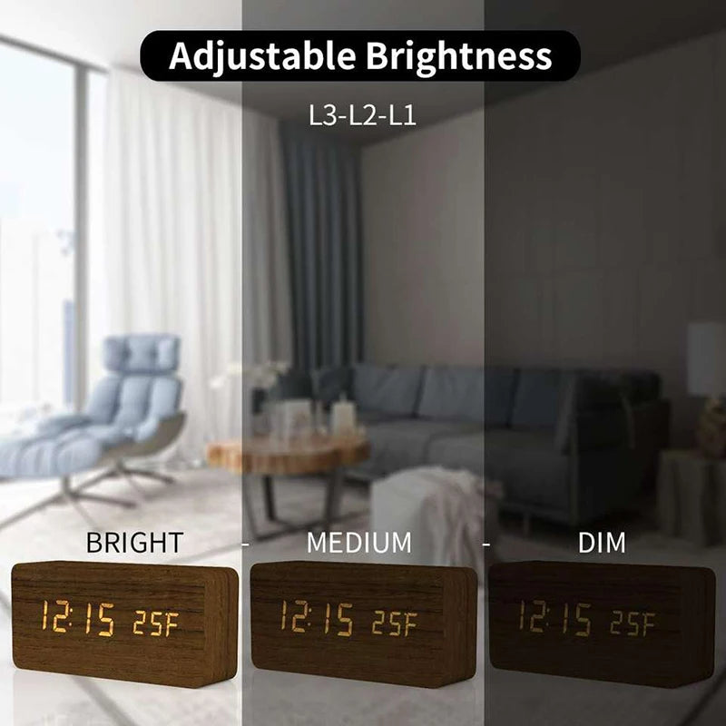Wooden Digital Alarm Clock with Temperature