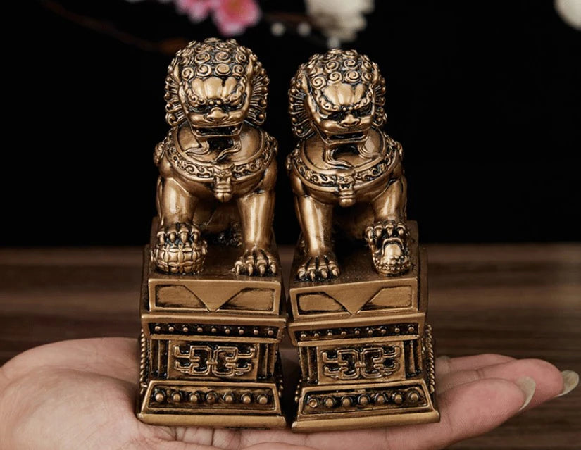 Chinese Lucky Lion Statue Pair, Copper Gold Resin Guardian Lions