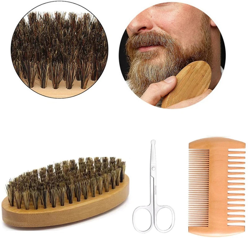 Men's Boar Bristle Beard Brush, Comb and Scissors Set
