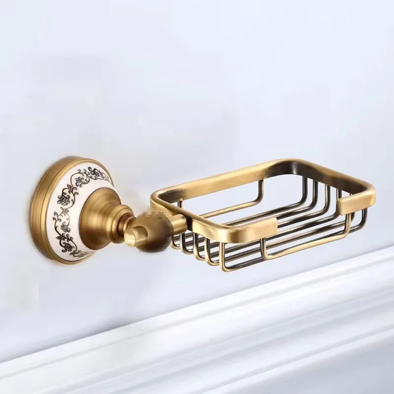 Antique Brass and Ceramic Bathroom Set, 19 Pieces