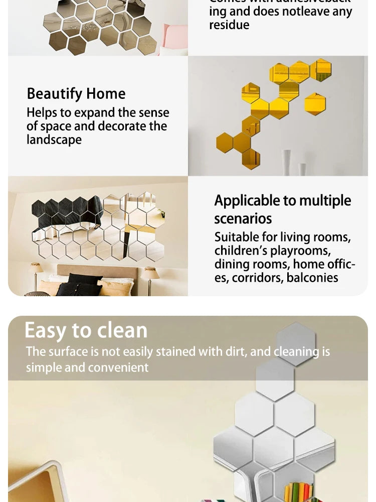 Hexagon Acrylic Mirror Wall Decals, 12 Pieces