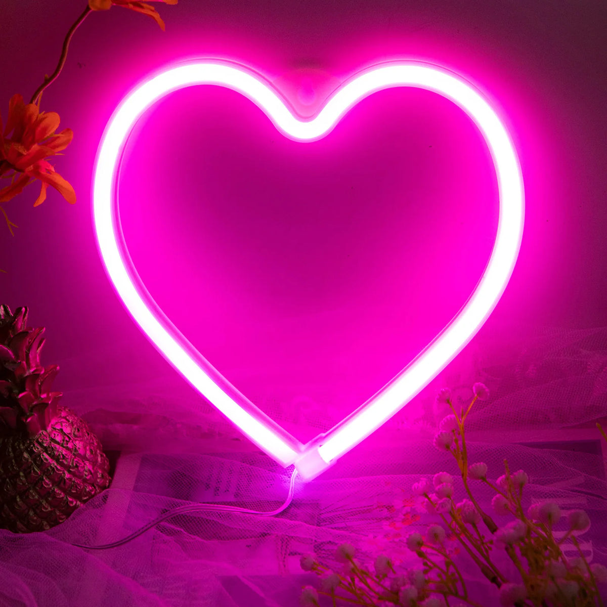 Pink Neon Heart Light, Battery LED Hanging Lamp for Bedroom