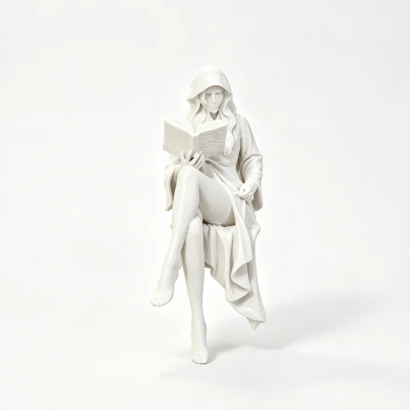 Reading Lady Shelf Sitter Statue, Matte White Hooded Figurine