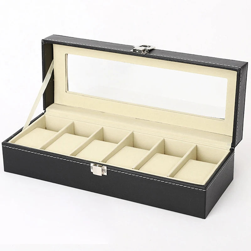 PU Leather Watch Box with Glass Lid, 6 Slots