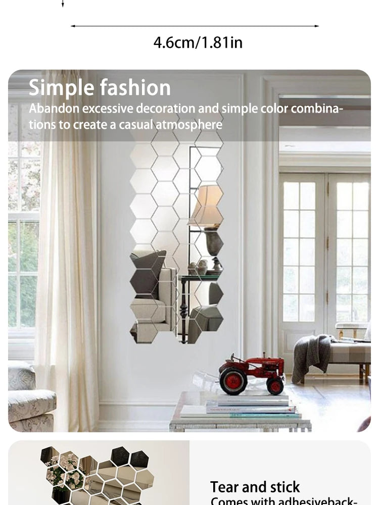 Hexagon Acrylic Mirror Wall Decals, 12 Pieces