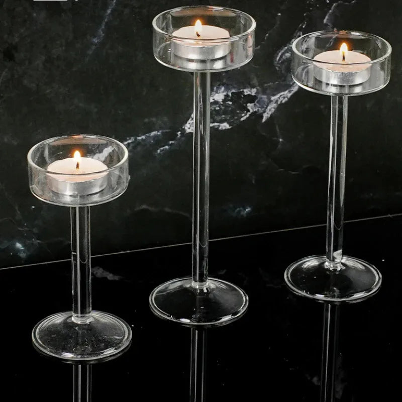 Crystal Glass Tall Candle Holder, Minimalist Candlestick, 3 Pack