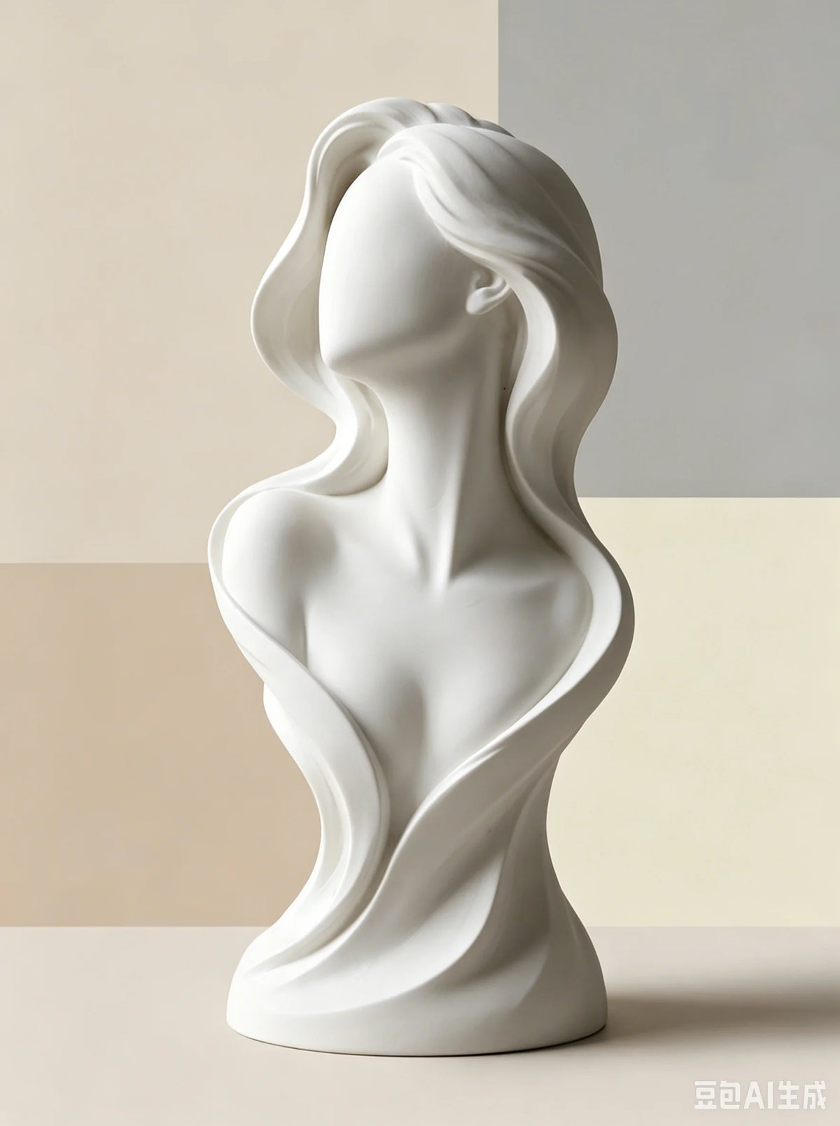 Female Bust Statue, Flowing Curve Abstract Figurine, Matte White