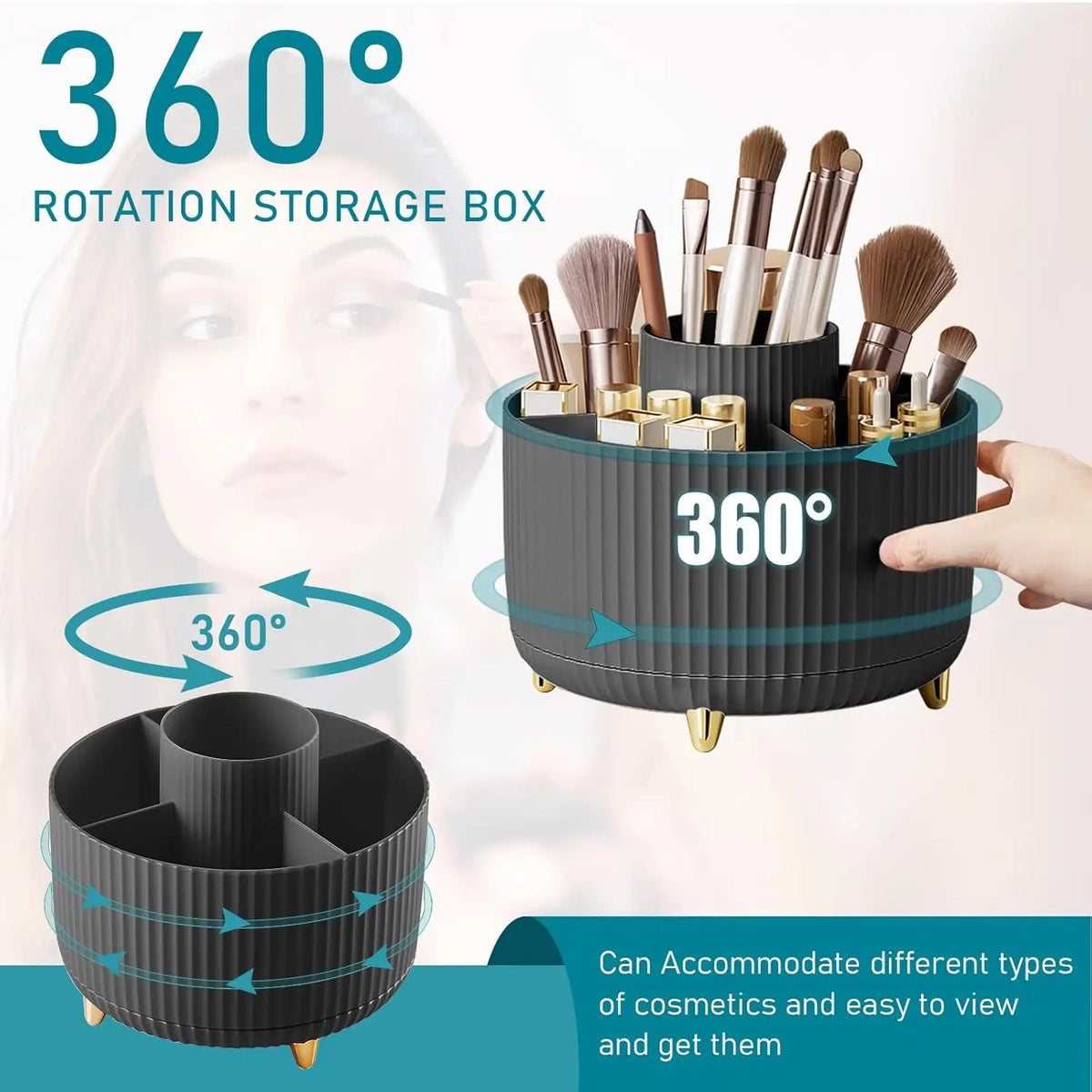 Rotating Makeup Brush Holder, 5 Slot Striped Vanity Organizer