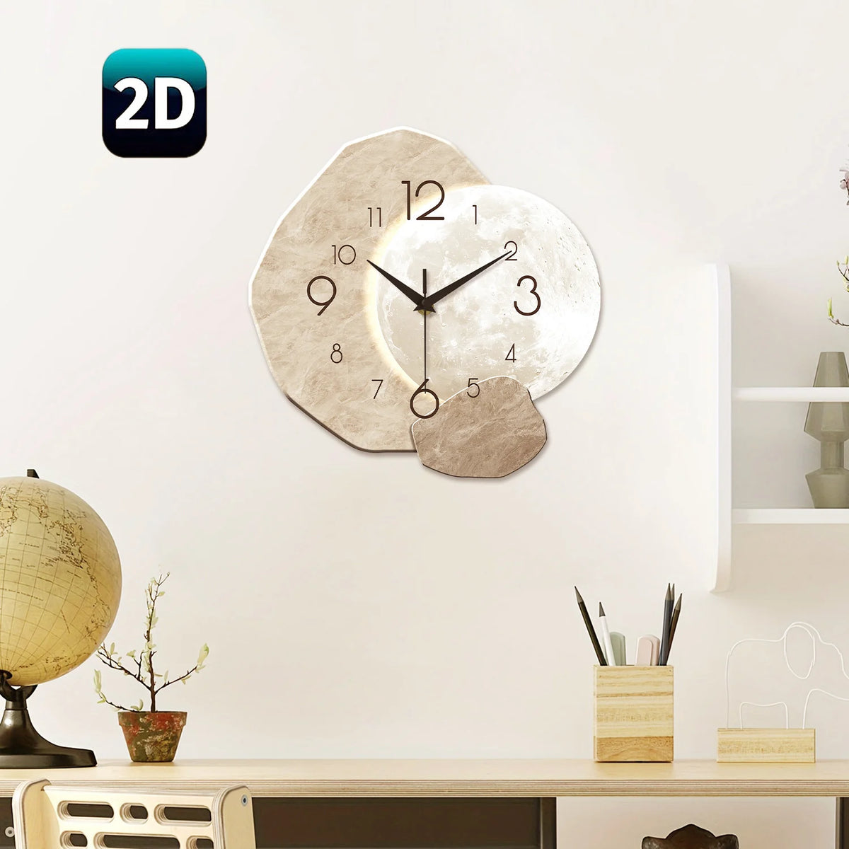Moon Wall Clock, Silent Wooden Minimalist Clock, 12 to 16 Inch