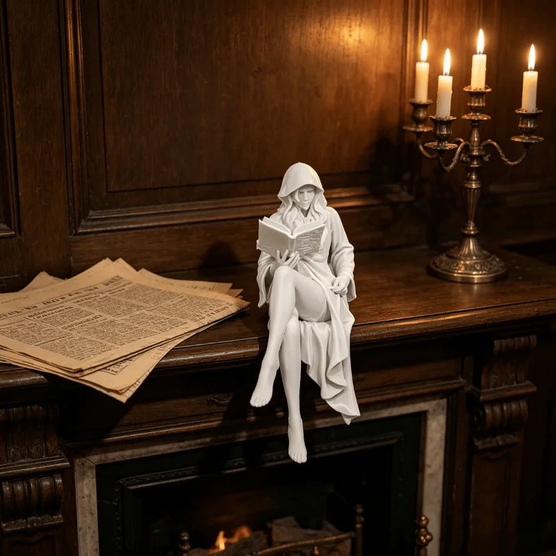 Reading Lady Shelf Sitter Statue, Matte White Hooded Figurine