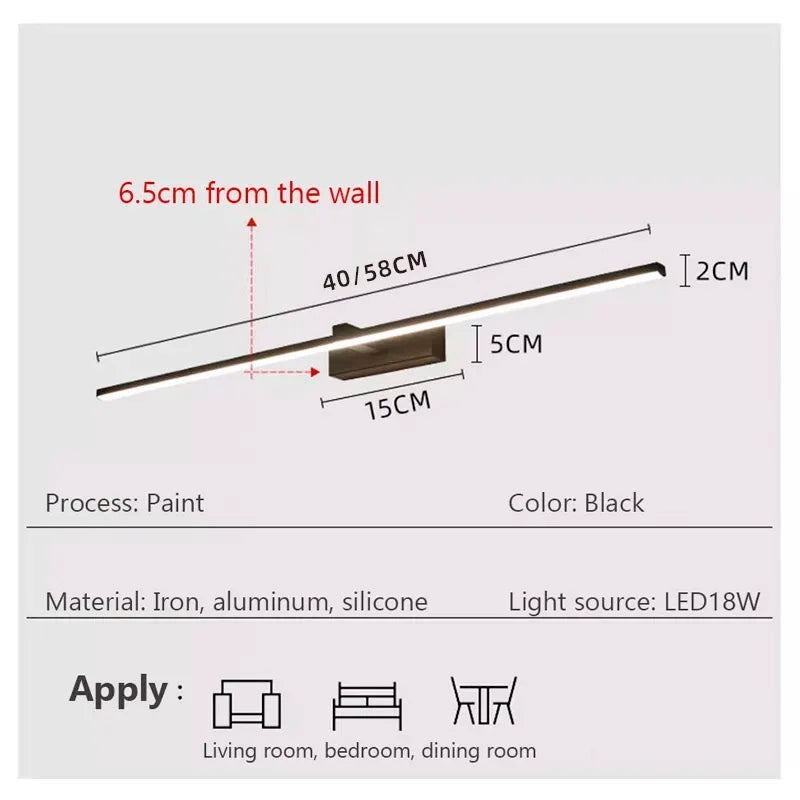 LED Mirror Wall Light, Modern Bathroom Vanity Lamp, 40 or 60 cm