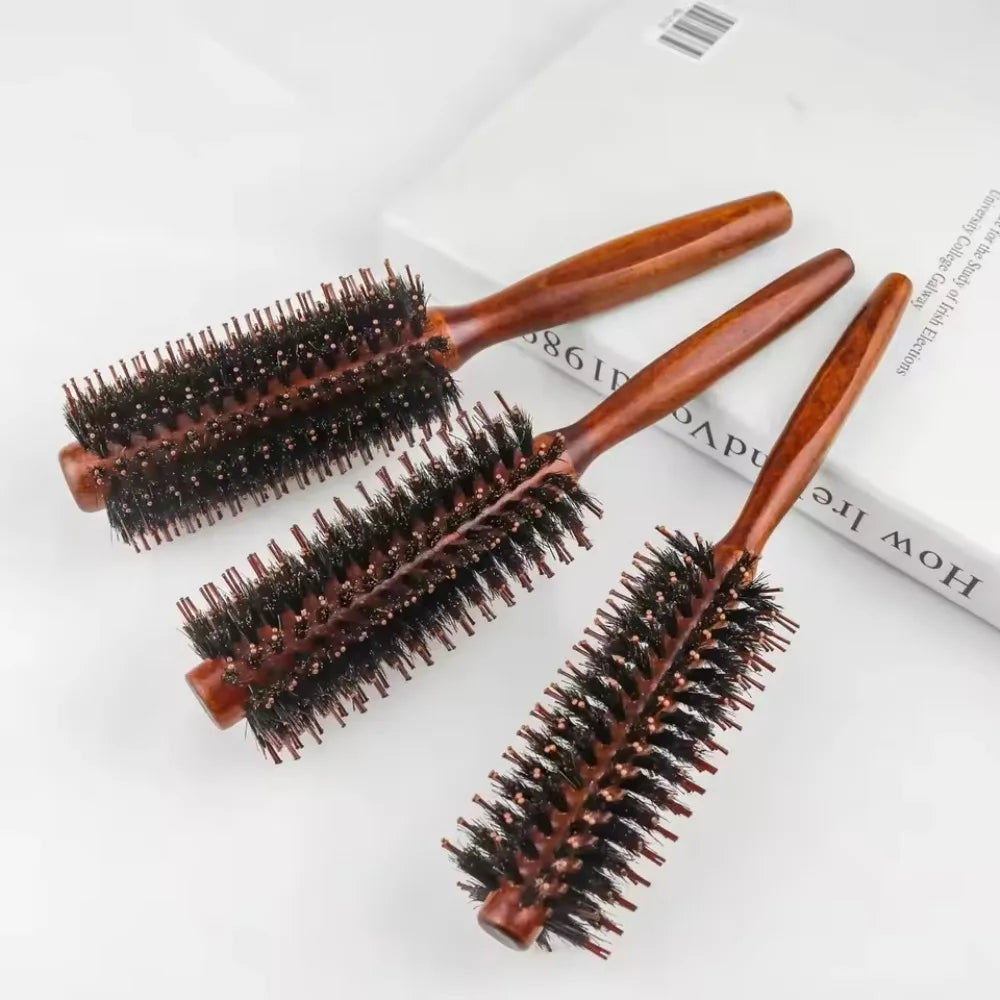 Boar Bristle Round Brush with Wooden Handle