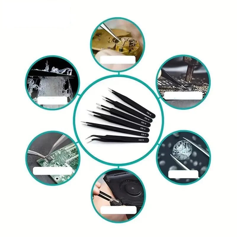 Precision Stainless Steel Tweezers Set, 6 Pieces