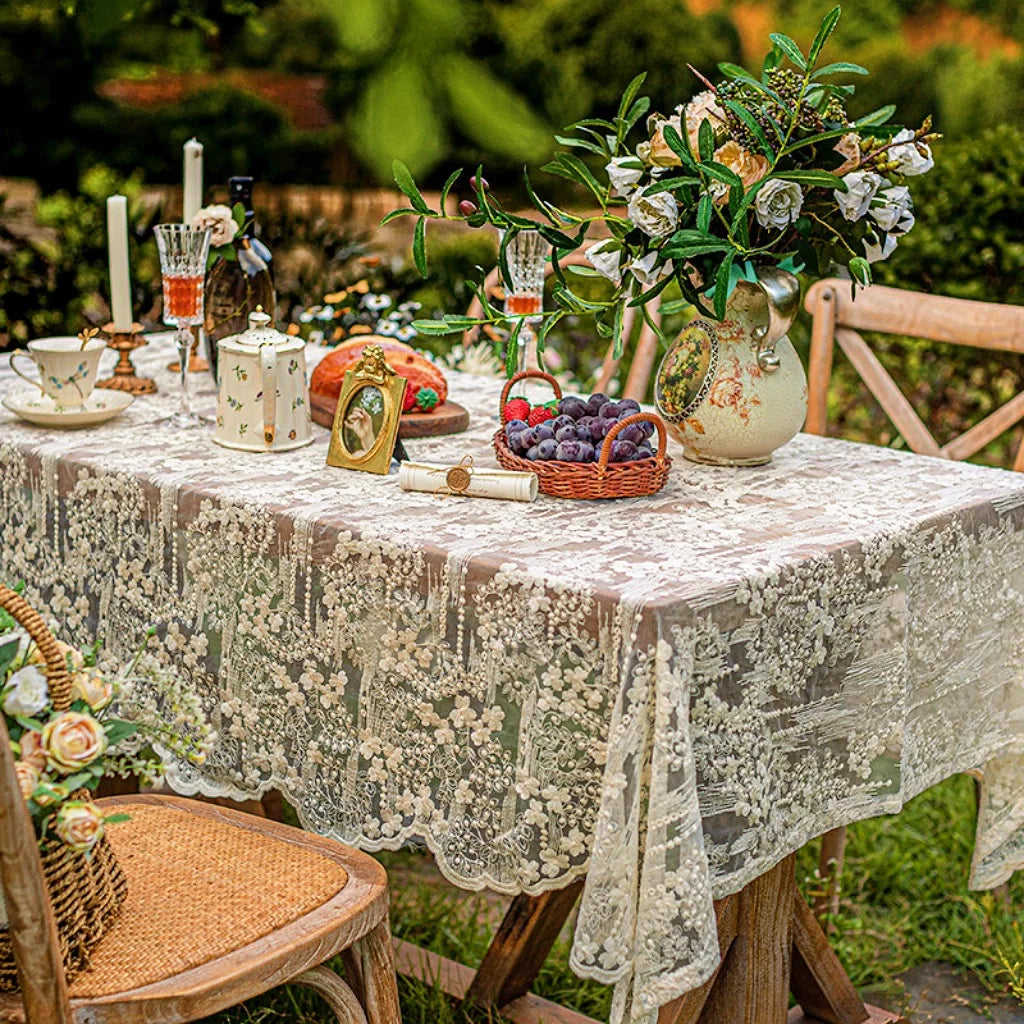 Lace Rectangular Tablecloth, Vintage Floral Polyester Table Cover