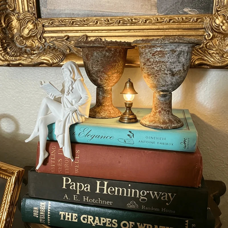 Reading Lady Shelf Sitter Statue, Matte White Hooded Figurine