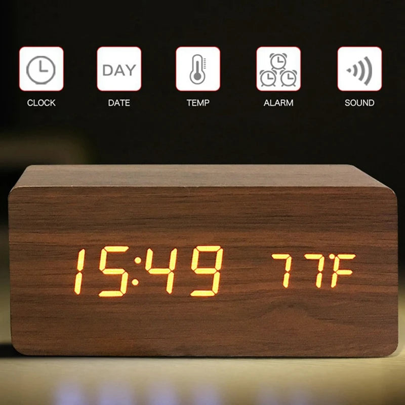 Wooden Digital Alarm Clock with Temperature