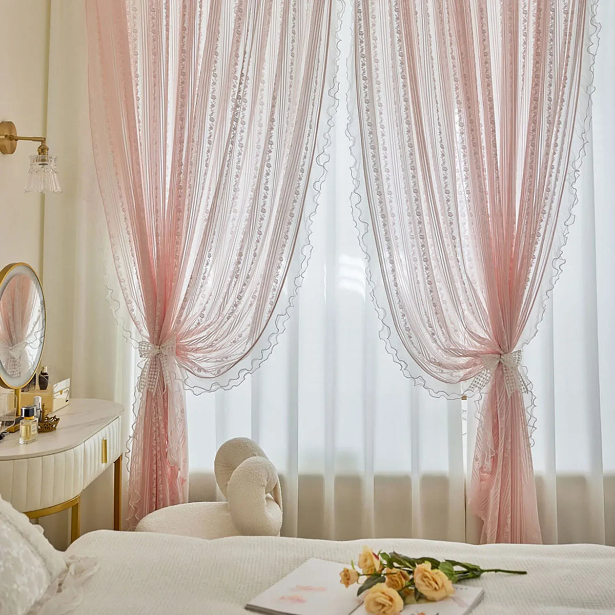 Pink Striped Rose Lace Sheer Curtain Panel