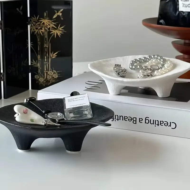 Ceramic Jewelry Tray, Oval Three-Legged Trinket Dish