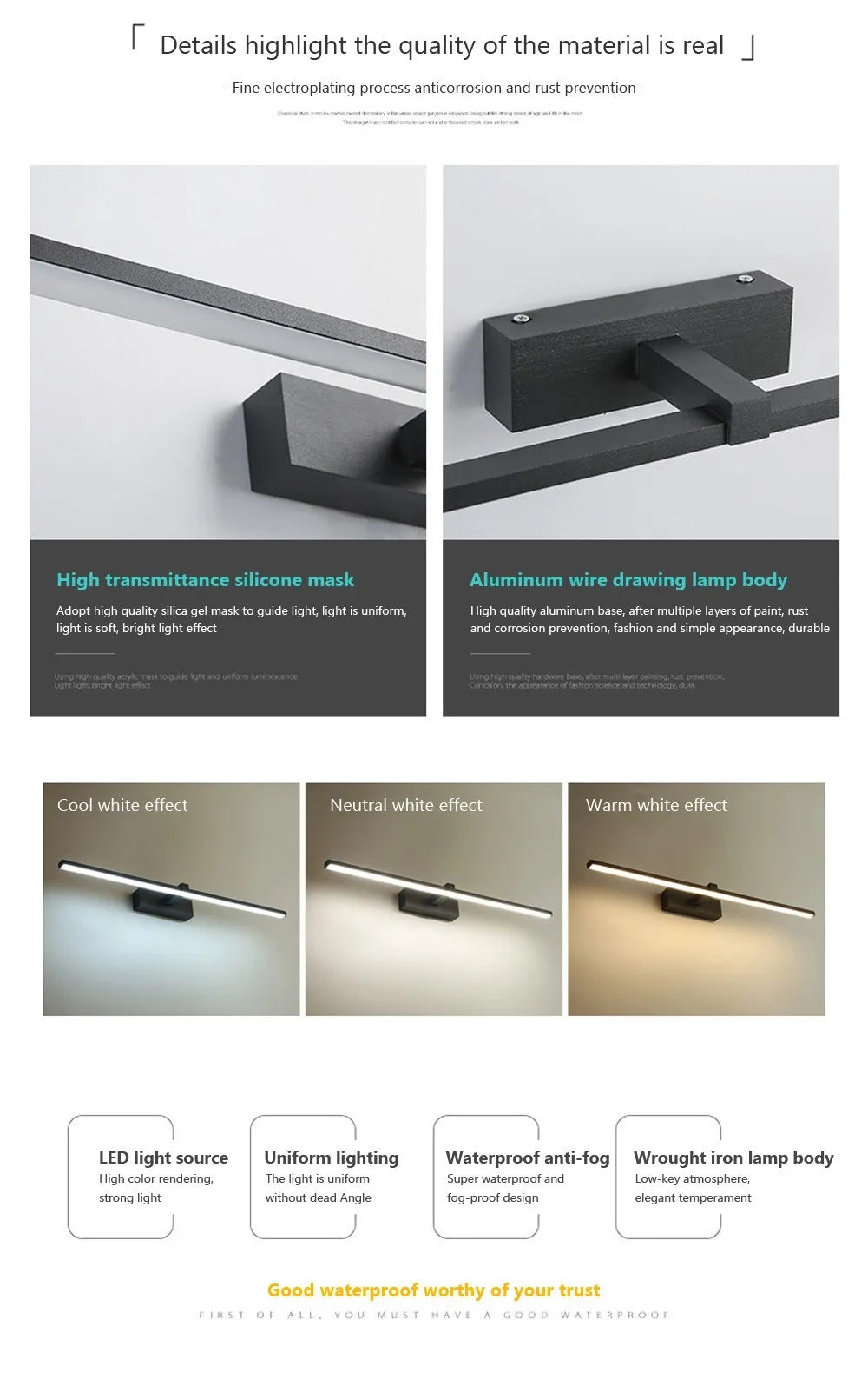 LED Mirror Wall Light, Modern Bathroom Vanity Lamp, 40 or 60 cm