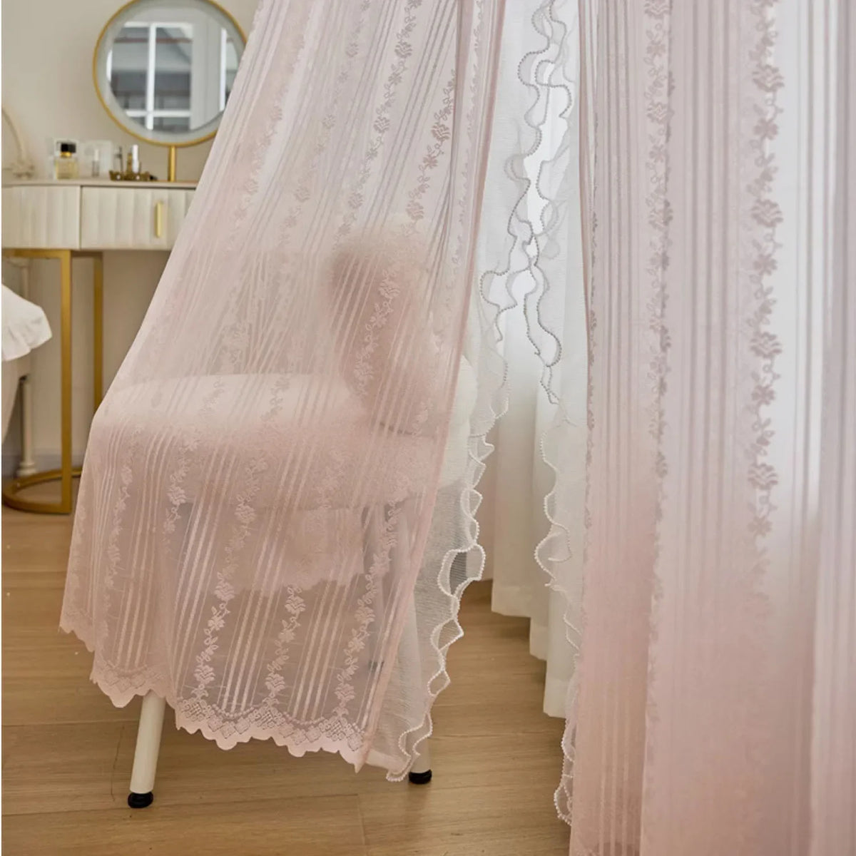 Pink Striped Rose Lace Sheer Curtain Panel